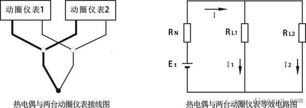 热电偶与两台动圈仪表等效电路图